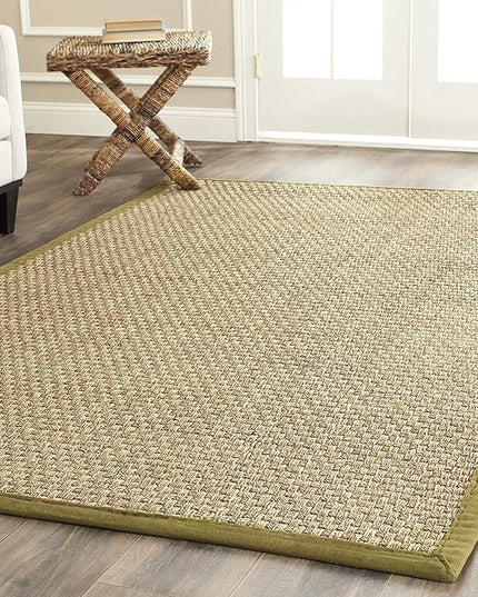 SAFAVIEH Area Rug 6x9 - Natural Fiber Collection - Natural & Olive Green, Seagrass, Basketweave Pattern with Border (NF114G)