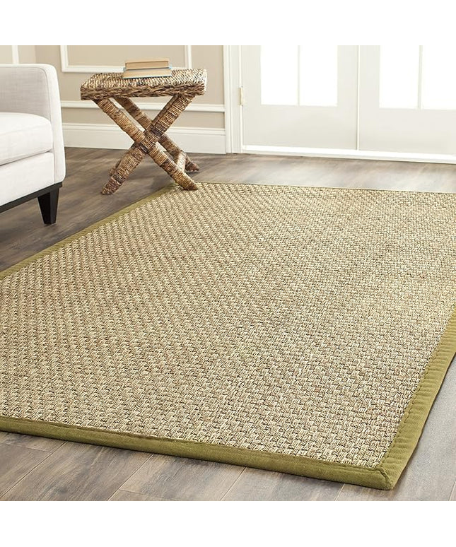 SAFAVIEH Area Rug 6x9 - Natural Fiber Collection - Natural & Olive Green, Seagrass, Basketweave Pattern with Border (NF114G)