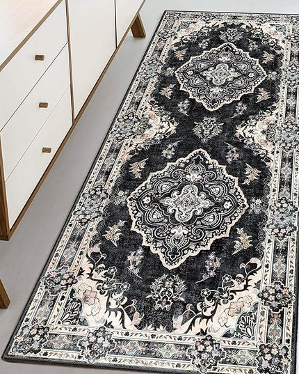 MUJOO Black Runner Rug 2'x6', Long Washable Rug Runners for Hallways Entryway Kitchen Bathroom Bedside,Boho Vintage Bohemian Distressed Farmhouse Non Slip Carpet,Floral