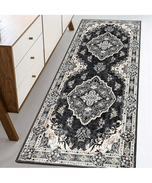 MUJOO Black Runner Rug 2'x6', Long Washable Rug Runners for Hallways Entryway Kitchen Bathroom Bedside,Boho Vintage Bohemian Distressed Farmhouse Non Slip Carpet,Floral