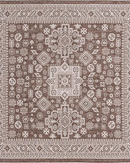 Rugs.com Outdoor Aztec Collection Rug – 8 Ft Square Brown Flatweave Rug Perfect for Living Rooms, Kitchens, Entryways