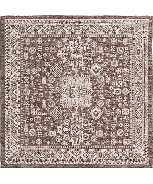 Rugs.com Outdoor Aztec Collection Rug – 8 Ft Square Brown Flatweave Rug Perfect for Living Rooms, Kitchens, Entryways