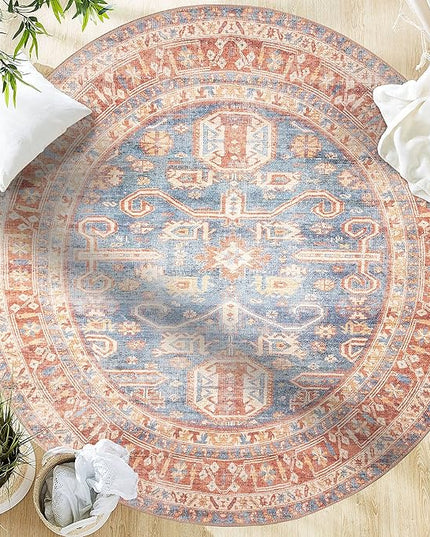 GLN Rugs Traditional Collection - Machine Washable Area Rug, Traditional Washable, Non Slip, Low Pile Chenille Rug, Living Room, Bedroom, Kitchen Rug (5'3" Round Terra/Blue)