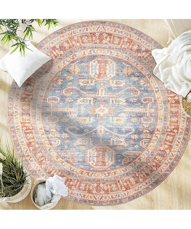 GLN Rugs Traditional Collection - Machine Washable Area Rug, Traditional Washable, Non Slip, Low Pile Chenille Rug, Living Room, Bedroom, Kitchen Rug (5'3" Round Terra/Blue)