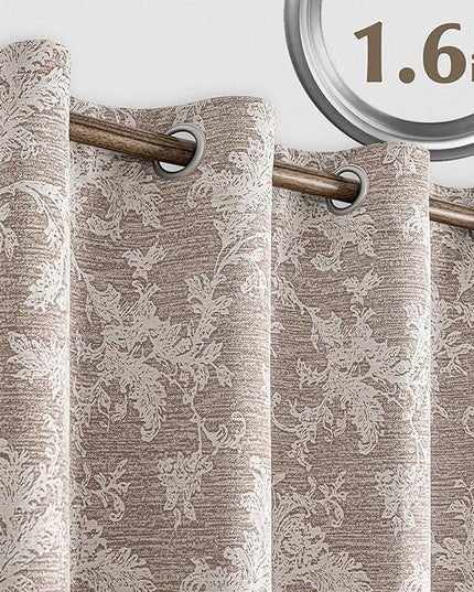 FMFUNCTEX Rust Brown Floral Jacquard Blackout Curtains 63 Inch Length for Bedroom, Scroll Flower Chenille Farmhouse Curtains for Living Room Darkening Thermal Insulated Grommet Window Drapes 2 Panels