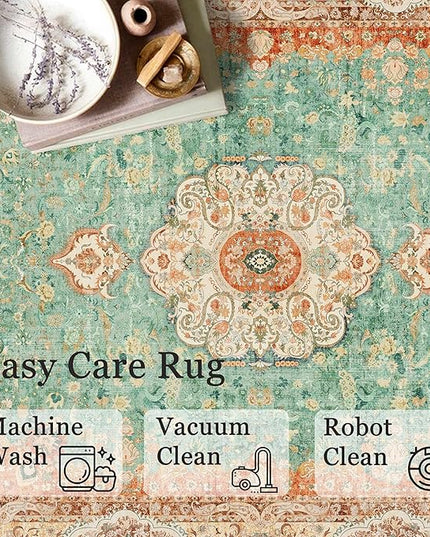 Small Rugs 2x3,Boho Rug for Entryway Bathroom Bedroom Kitchen Entrance Doormat,Vintage Bohemian Distressed Farmhouse Washable Accent Floor Throw Carpet Non Slip,Retro Orange Green Floral