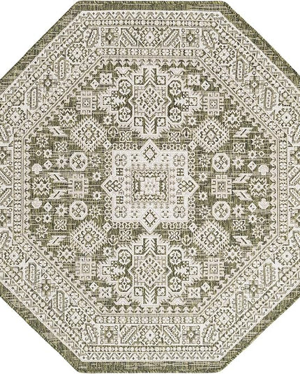 Rugs.com Outdoor Aztec Collection Rug – 5 Ft Octagon Green Flatweave Rug Perfect for Living Rooms, Kitchens, Entryways