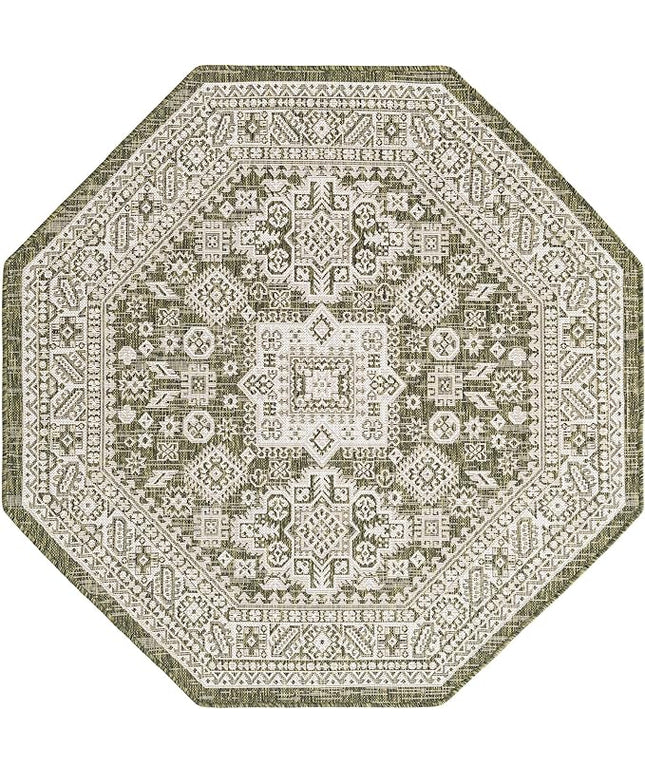 Rugs.com Outdoor Aztec Collection Rug – 5 Ft Octagon Green Flatweave Rug Perfect for Living Rooms, Kitchens, Entryways