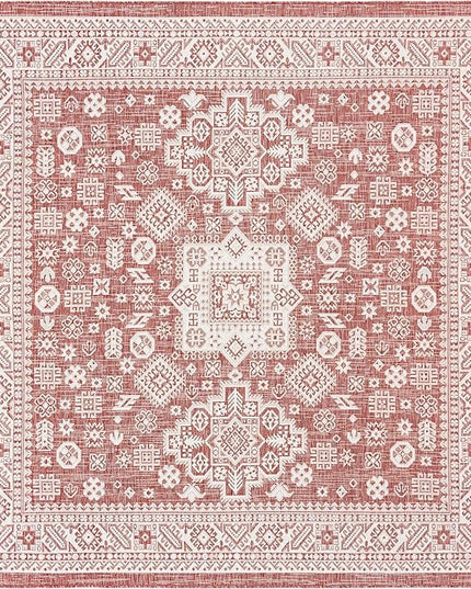 Rugs.com Outdoor Aztec Collection Rug – 8 Ft Square Rust Red Flatweave Rug Perfect for Living Rooms, Kitchens, Entryways