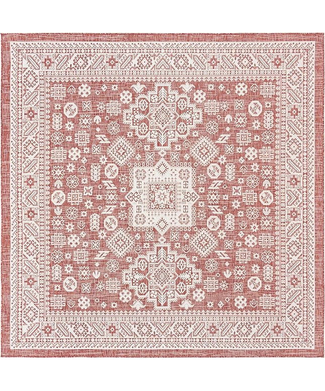 Rugs.com Outdoor Aztec Collection Rug – 8 Ft Square Rust Red Flatweave Rug Perfect for Living Rooms, Kitchens, Entryways