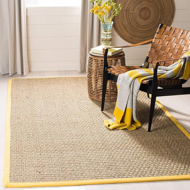 SAFAVIEH Area Rug 3x5 - Natural Fiber Collection - Natural & Gold, Seagrass, Basketweave Pattern with Border (NF114X)