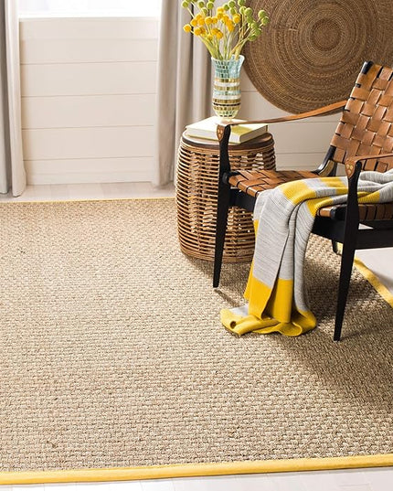 SAFAVIEH Area Rug 4x6 - Natural Fiber Collection - Natural & Gold, Seagrass, Basketweave Pattern with Border (NF114X)