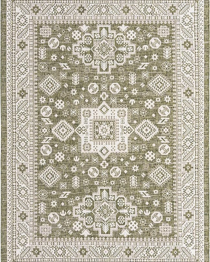 Rugs.com Outdoor Aztec Collection Rug – 8' x 11' Green Flatweave Rug Perfect for Living Rooms, Large Dining Rooms, Open Floorplans