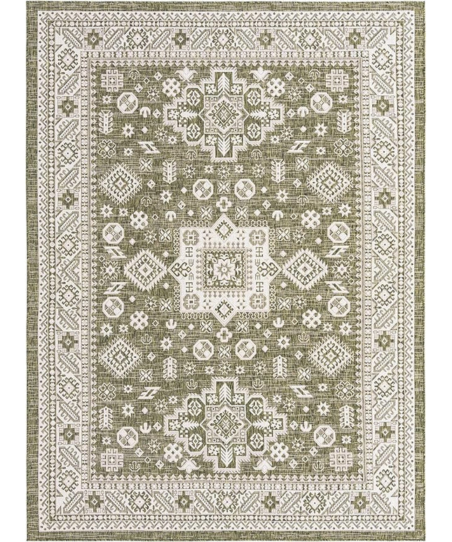 Rugs.com Outdoor Aztec Collection Rug – 8' x 11' Green Flatweave Rug Perfect for Living Rooms, Large Dining Rooms, Open Floorplans