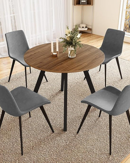 34.6'' Round Dining Table and Chairs for 4 Space Saving for Apartment Kitchen Dining Room (Walnut Table+4 Grey Chairs)