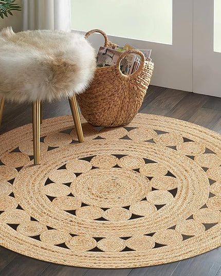 Hand Woven Jute Area Rug - 6' Round - Rustic Beige Reversible Farmhouse Rugs for Bedroom, Kitchen, Living Room - Vintage Natural Braided Entry Floor Décor Circle Boho Round Jute Rug 6 Foot