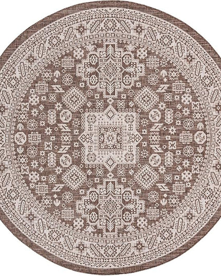 Rugs.com Outdoor Aztec Collection Rug – 8 Ft Round Brown Flatweave Rug Perfect for Kitchens, Dining Rooms