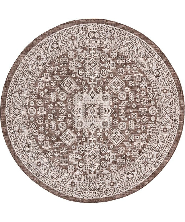 Rugs.com Outdoor Aztec Collection Rug – 8 Ft Round Brown Flatweave Rug Perfect for Kitchens, Dining Rooms