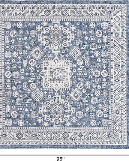 Rugs.com Outdoor Aztec Collection Rug – 8 Ft Square Blue Flatweave Rug Perfect for Living Rooms, Kitchens, Entryways