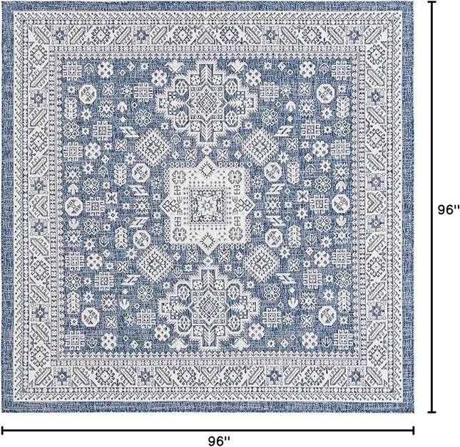 Rugs.com Outdoor Aztec Collection Rug – 8 Ft Square Blue Flatweave Rug Perfect for Living Rooms, Kitchens, Entryways