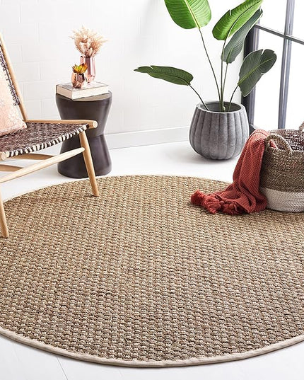 SAFAVIEH Area Rug 8' Round - Natural Fiber Collection - Natural & Ivory, Seagrass, Basketweave Pattern with Border (NF114J)