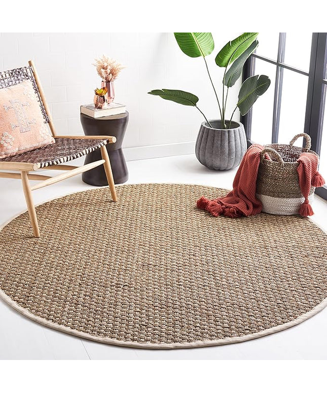 SAFAVIEH Area Rug 8' Round - Natural Fiber Collection - Natural & Ivory, Seagrass, Basketweave Pattern with Border (NF114J)