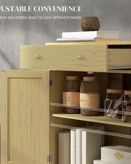HOMCOM Sideboard with Solid Wood Countertop, Modern Kitchen Storage Cabinet, Coffee Bar Cabinet with 2 Drawers, Doors and Adjustable Shelf, Natural Rattan