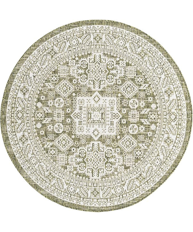 Rugs.com Outdoor Aztec Collection Rug – 5 Ft Round Green Flatweave Rug Perfect for Kitchens, Dining Rooms