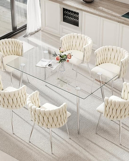 Silver Glass Dining Room Table Set for 6, 63'' Modern Luxury Rectangular Dinner Table Set, 7 PCS Clear Glass Top Minimalist Kitchen Table Set, Ivory Woven Dining Chair for Small Apartment