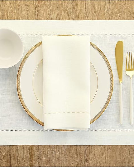 Solino Home Linen Cloth Placemats Set of 6-100% Pure Linen Hemstitch Ivory Placemats 14 x 19 Inch - Classic Hemstitch Table Place Mats for Christmas, Holiday, New Year