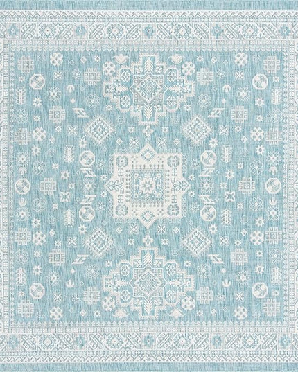 Rugs.com Outdoor Aztec Collection Rug – 10 Ft Square Aqua Flatweave Rug Perfect for Living Rooms, Kitchens, Entryways