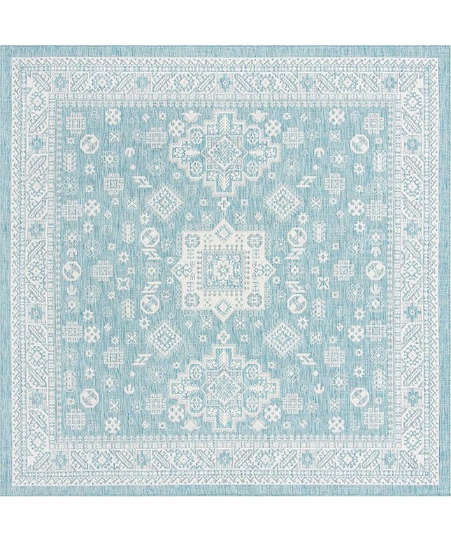 Rugs.com Outdoor Aztec Collection Rug – 10 Ft Square Aqua Flatweave Rug Perfect for Living Rooms, Kitchens, Entryways