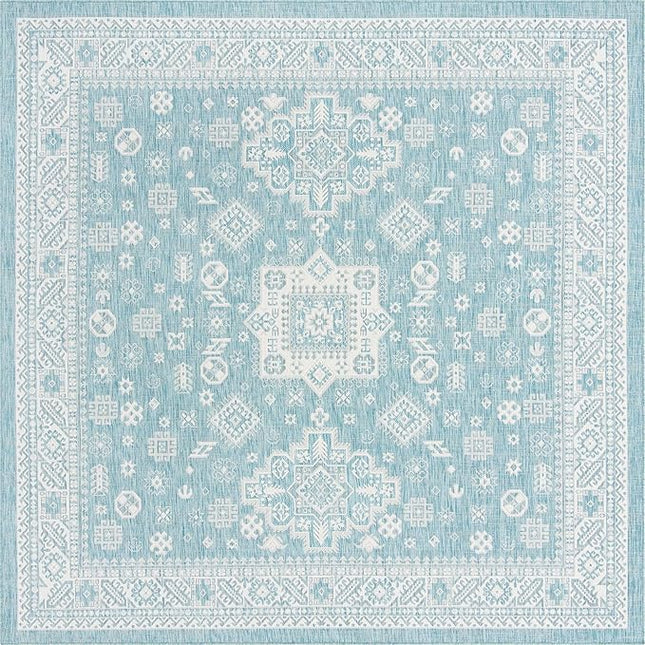 Rugs.com Outdoor Aztec Collection Rug – 10 Ft Square Aqua Flatweave Rug Perfect for Living Rooms, Kitchens, Entryways
