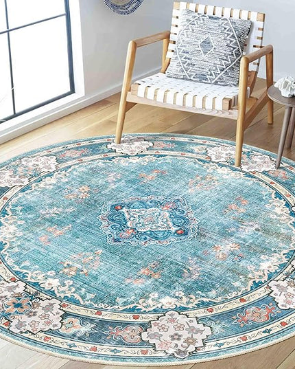 MUJOO Teal Round Rug 5ft,Circle Washable Area Rugs for Bedroom Living Room Bathroom,Boho Large Non Slip Circular Carpet,Floral