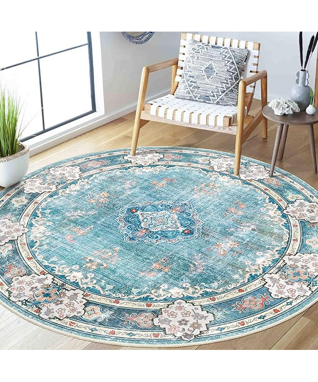 MUJOO Teal Round Rug 5ft,Circle Washable Area Rugs for Bedroom Living Room Bathroom,Boho Large Non Slip Circular Carpet,Floral