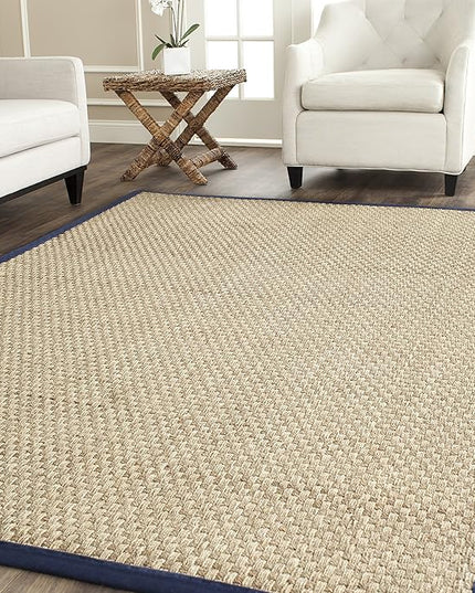 Safavieh Area Rug 3' Square - Natural Fiber Collection - Natural & Blue, Seagrass, Basketweave Pattern with Border (NF114E)