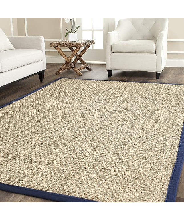 Safavieh Area Rug 6x8 - Natural Fiber Collection - Natural & Blue, Seagrass, Basketweave Pattern with Border (NF114E)