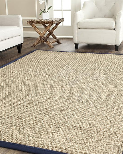 SAFAVIEH Area Rug 4x6 - Natural Fiber Collection - Natural & Blue, Seagrass, Basketweave Pattern with Border (NF114E)