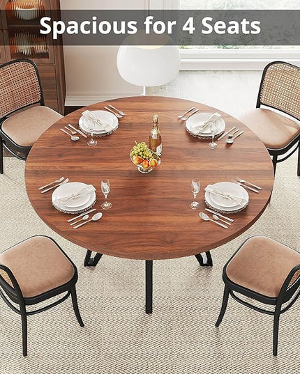 LIKIMIO Round Dining Table for 4, 47.2” Wooden Kitchen Table with Rattan Storage Shelf, Space-Saving for Modern Dining Room, Living Room, Walnut