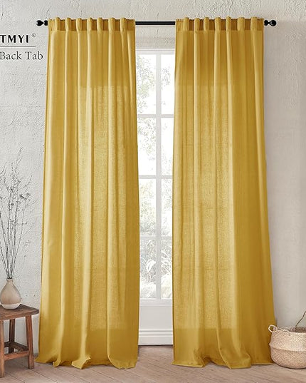 XTMYI Mustard Yellow Sheer Curtains 84 Inches Long for Spring Living Room 2 Panels Set Linen Textured Back Tab Pleated Gold Yellow Boho Retro Curtains for Bedroom Dining Room Kids Playroom,7ft Length