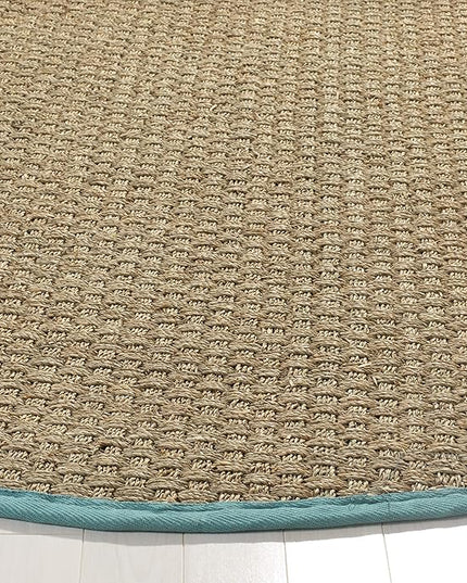 SAFAVIEH Area Rug 4' Round - Natural Fiber Collection - Natural & Teal, Seagrass, Basketweave Pattern with Border (NF114R)