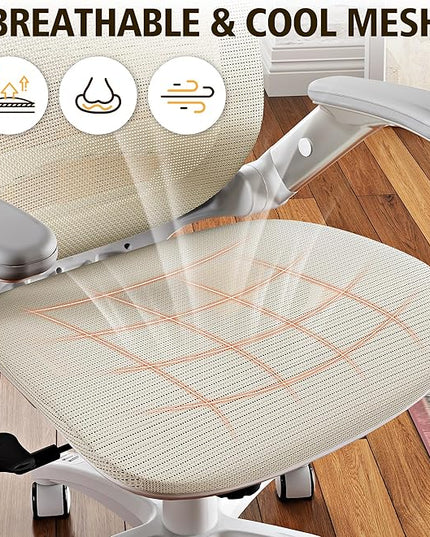 GABRYLLY Ergonomic Office Chair, High Back Home Desk Chair with Headrest, Flip-Up Arms, 90-120° Tilt Lock and Wide Cushion, 400LBS Mesh Chairs for Man Woman, White Task Chair(Beige,GY01WBG)