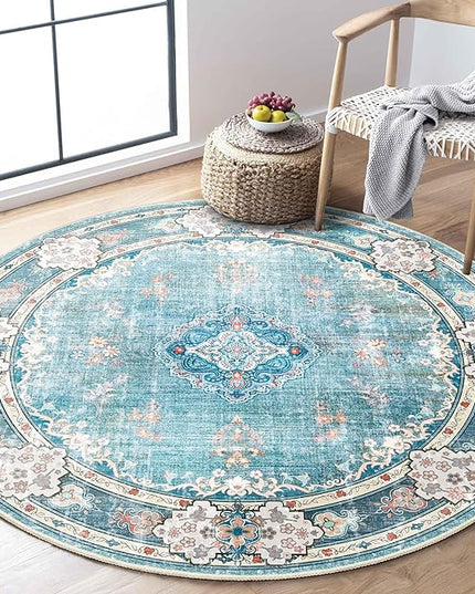 MUJOO Teal Round Rug 4ft,Circle Washable Area Rugs for Bedroom Living Room Bathroom,Boho Small Non Slip Circular Carpet,Floral