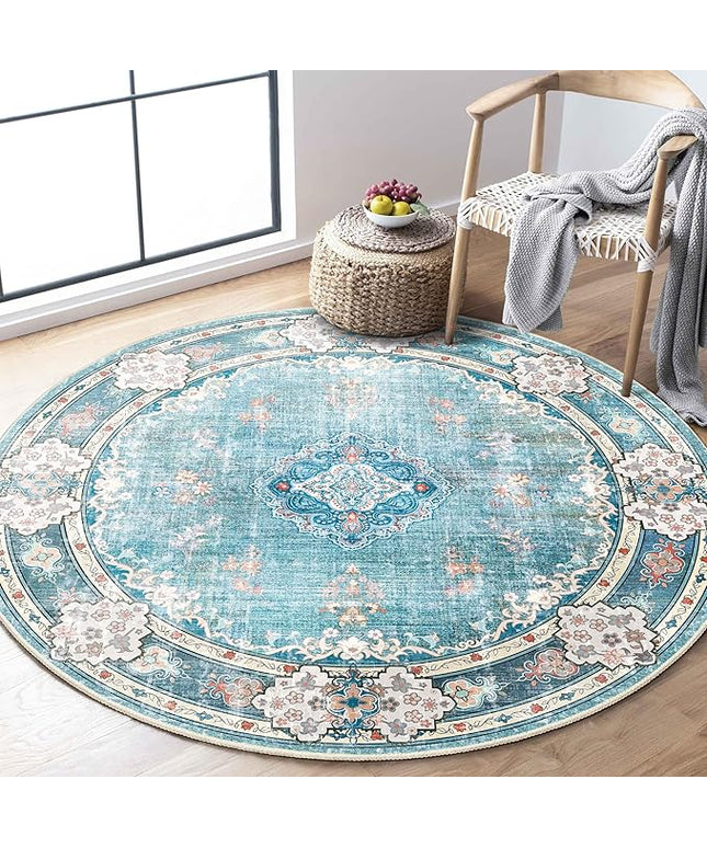 MUJOO Teal Round Rug 4ft,Circle Washable Area Rugs for Bedroom Living Room Bathroom,Boho Small Non Slip Circular Carpet,Floral
