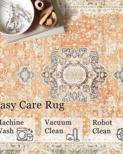 8x10 Area Rugs Washable,Boho Rug for Living Room Bedroom Dining Room,Large Vintage Bohemian Farnhouse Distressed Carpet Non Slip,Retro Orange Grey Floral