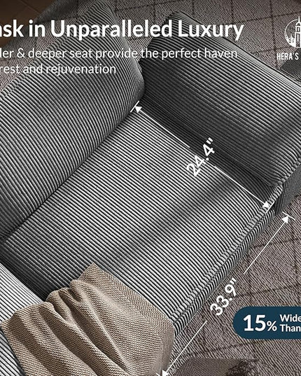 HERA'S HOUSE 124" Modular Sectional Sofa, Oversized Couches for Living Room, Comfy Cloud Couch 3-Seater Deep Seat Sofa with Throw Pillow, Corduroy Grey