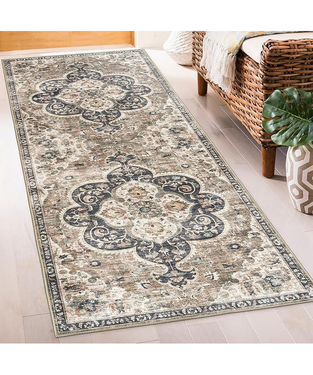 ReaLife Rugs Machine Washable Area Rug Runner - Living Room Bedroom Bathroom Kitchen Entryway Office - Padded Low Pile Stain Resistant Premium - Boho Farmhouse Vintage - Joy - Brown Beige 2'6" x 10'