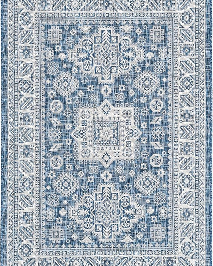 Rugs.com Outdoor Aztec Collection Rug – 4' x 6' Blue Flatweave Rug Perfect for Living Rooms, Large Dining Rooms, Open Floorplans