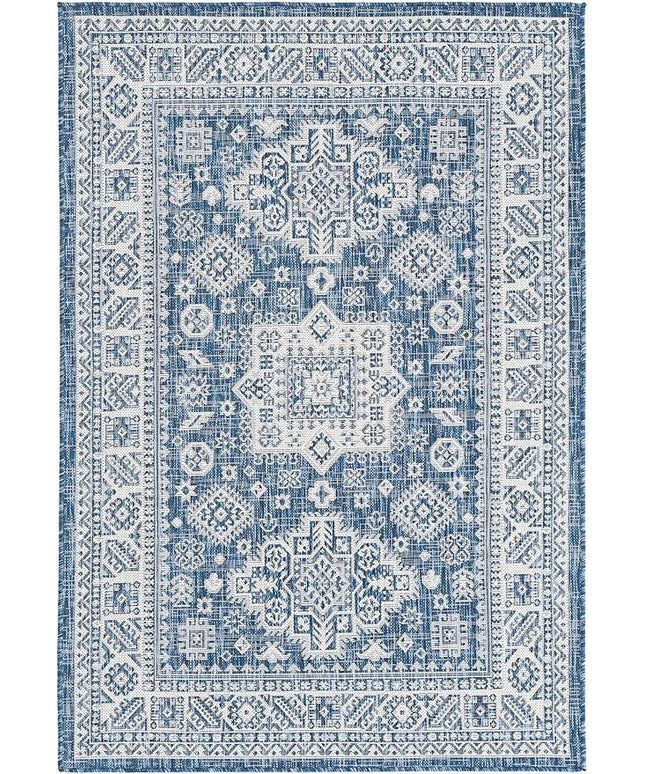 Rugs.com Outdoor Aztec Collection Rug – 4' x 6' Blue Flatweave Rug Perfect for Living Rooms, Large Dining Rooms, Open Floorplans