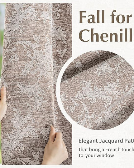 FMFUNCTEX Rust Brown Floral Jacquard Blackout Curtains 63 Inch Length for Bedroom, Scroll Flower Chenille Farmhouse Curtains for Living Room Darkening Thermal Insulated Grommet Window Drapes 2 Panels